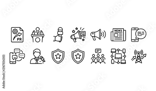 Public relations and media communication icon collection with press publicity branding and corporate outreach