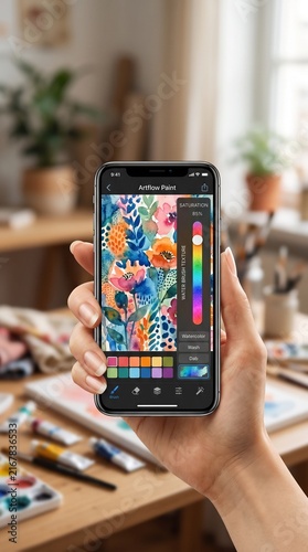 Hand holding smartphone with colorful digital painting on screen.