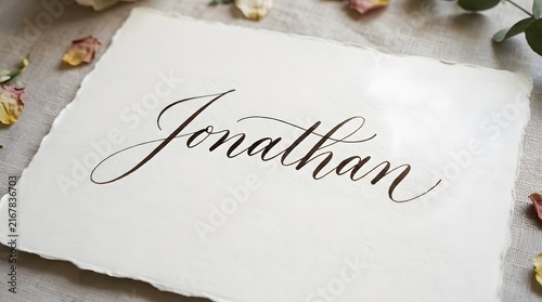 Elegant Hand Written Calligraphy Name Jonathan on White Handmade Paper with Floral Decor
