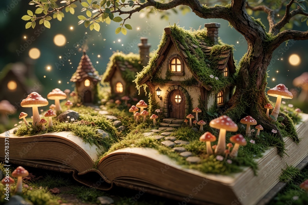 Fototapeta premium Fantasy forest village emerges from open book pages with glowing mushrooms and mossy elf houses. Tiny lights twinkle in a magical realm born from story. Enchanted landscape unfolds.