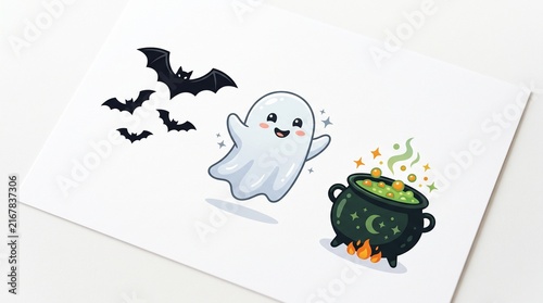 Cute cartoon ghost with bats and bubbling cauldron for Halloween celebration