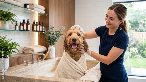 Happy Goldendoodle Dog Being Washed by Groomer in Modern Spa Like Bathroom