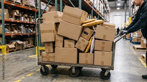 Warehouse worker pushing a cart full of cardboard boxes and packages down an aisle between tall shelves