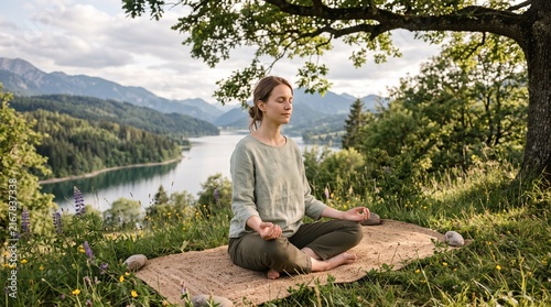 Woman meditating peacefully in lotus pose on a mat outdoors with serene lake and mountains in background