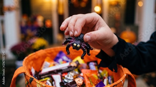 Child holding a spider candy over a Halloween trick or treat bag filled with candy
