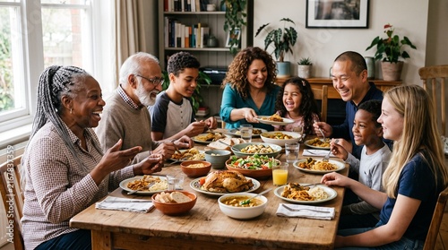 Multi-generational diverse family enjoying a festive holiday meal together around a wooden table filled with food