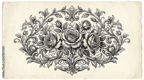 Vintage style floral illustration with roses and intricate ornamental filigree scrollwork on aged paper texture.