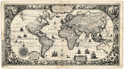 Antique World Map with Ships and Decorative Border.