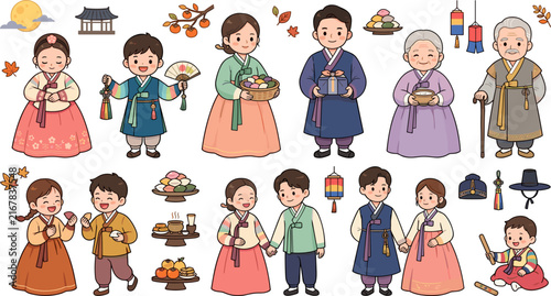 Cute Cartoon Korean Chuseok Family Character Vector Set with People in Traditional Hanbok Celebration Outfits holding Songpyeon Rice Cakes and Harvest Gifts