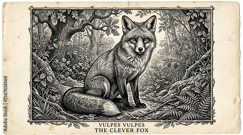 Obraz premium Vintage style engraving illustration of a clever red fox sitting in a forest.