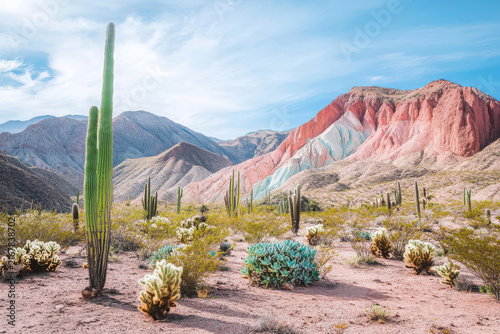 Vibrant desert landscape with colorful mountains and cacti