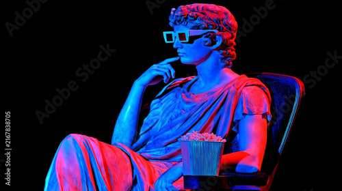 Classical Statue in Modern Cinema: A Renaissance-style statue is depicted with modern 3D glasses, seated in a cinema chair with a bucket of popcorn, illuminated by vibrant neon red and blue lights.