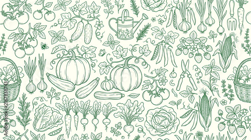 Vegetable Garden Seamless Pattern with Pumpkins, Tomatoes, Carrots, Corn, Cabbage, Herbs and Fresh Produce