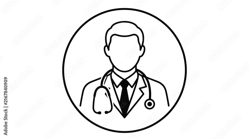 Fototapeta premium Professional male doctor vector illustration featuring a simple linear style design within a round white circle
