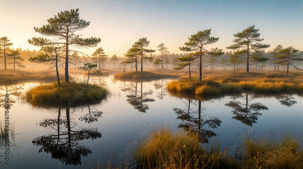 Naklejka premium Mist hangs over a tranquil swamp at sunrise. Pine trees stand on small islands, reflecting in the still water. Golden light illuminates the peaceful morning wetland landscape.