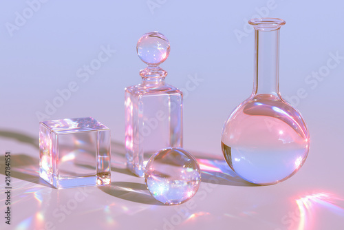 crystal vessels, bottles on dreamy pink and blue background
