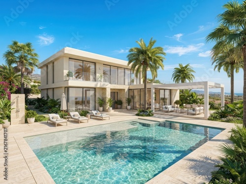 Modern luxury villa architecture with a swimming pool and tropical palm trees under a bright blue sunny summer sky