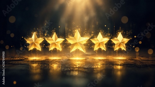 Five Glowing Gold Stars on Dark Background Symbolizing Excellence and Premium Quality