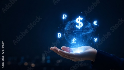 Global digital currency and international banking concept with glowing world map and money symbols