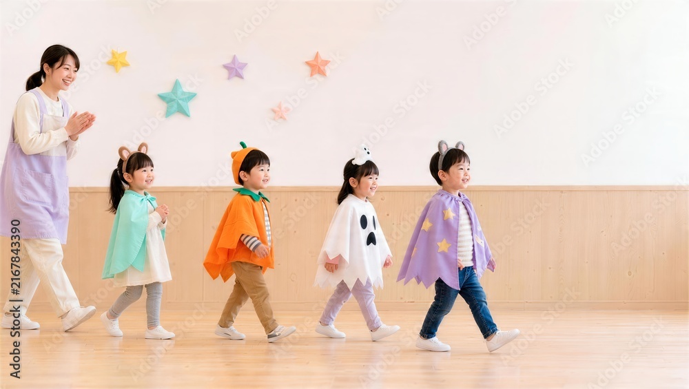 Naklejka premium 幼稚園ホールを歩く子どもたちのハロウィン仮装パレード