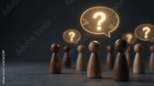 Wooden figures face glowing question marks, symbolizing uncertainty and inquiry.