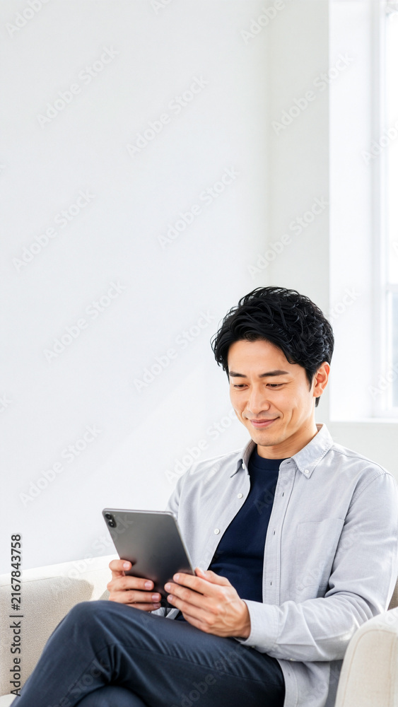 Fototapeta premium 自宅のソファでくつろぎながらタブレットを見る男性
