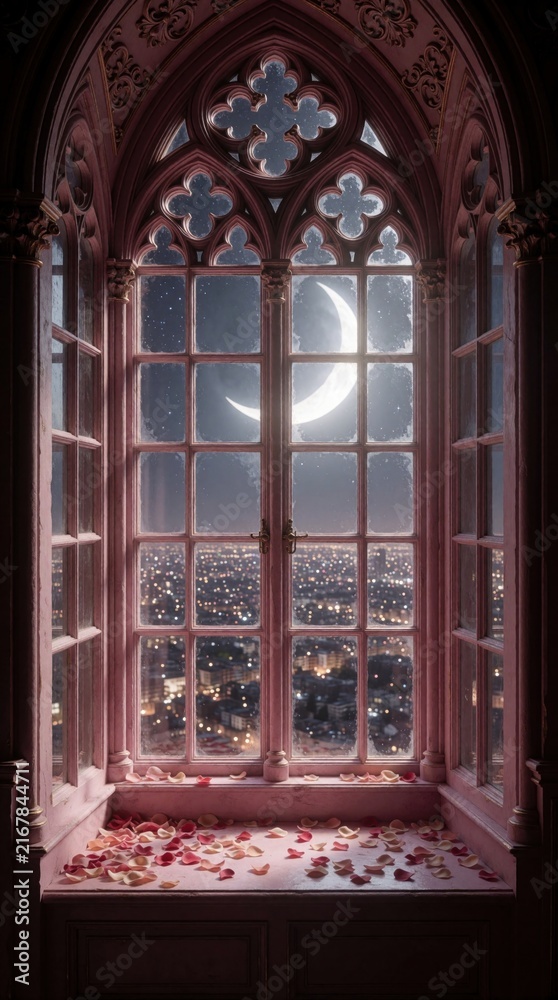 Fototapeta premium Pink gothic arched window with rose petals on stone seat. Large crescent moon shines over dark night city skyline. Dreamy fantasy view from old castle room cathedral interior with starry sky,