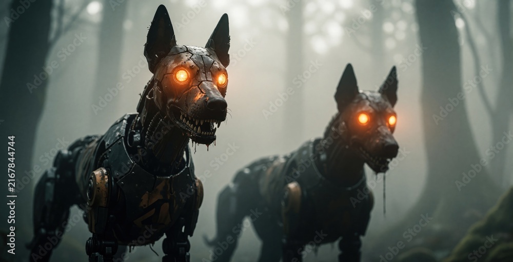 Naklejka premium Two robotic dogs with glowing orange eyes walk through foggy dark forest. Futuristic metal cyborg animals roam mysterious woods in radioactive zone. Cybernetic canine pets explore eerie wilderness