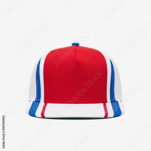 Red white and blue baseball cap with button on top for casual wear