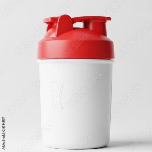 A white and red plastic sports water bottle with a flip top lid