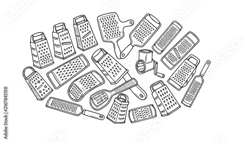 Quadro su tela Collection of kitchen graters, vegetable slicers and shredding tools in black an