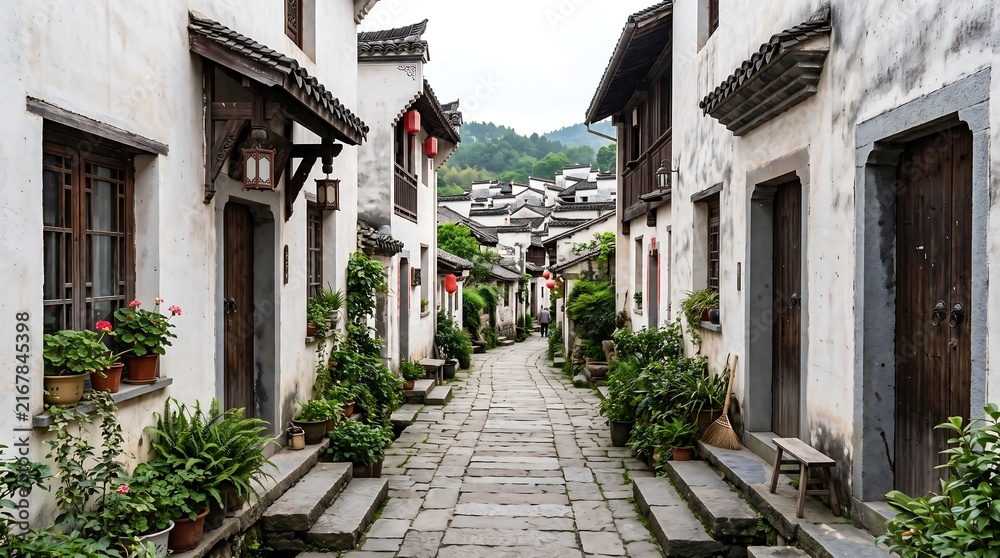 Fototapeta premium Traditional Ancient Chinese Village Alleyway with White Walls and Stone Pavement