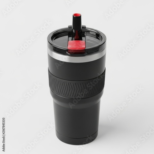 A black insulated tumbler with a red and black lid