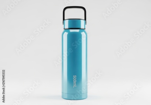 A teal colored metal water bottle with black handle