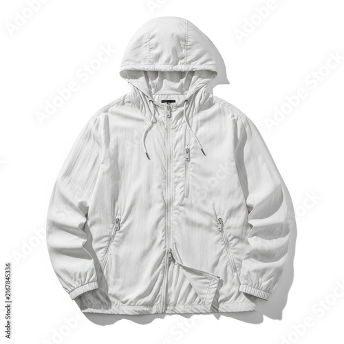 A white hooded jacket with a zipper closure and drawstrings