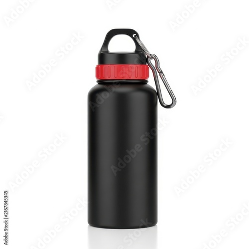 A black water bottle with red cap and carabiner