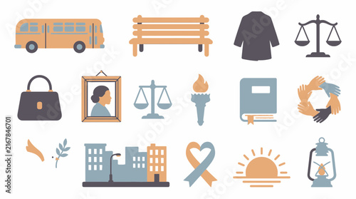 A collection of flat design icons representing themes of justice, community, education, and social progress.