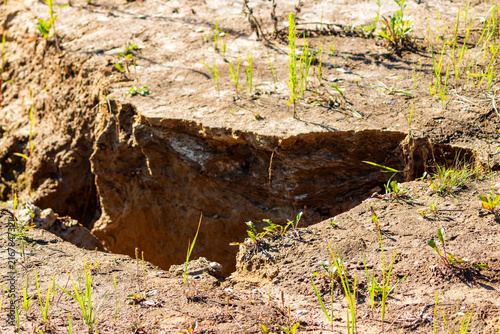 Foto Severe soil erosion along a sandy riverbank showing deep cracks and damaged eart
