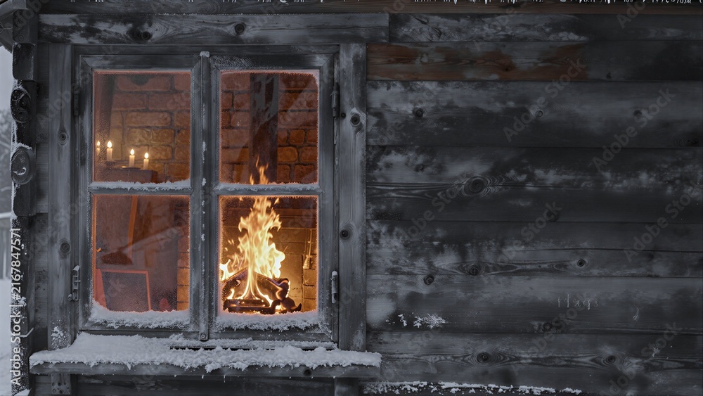 Naklejka premium Cozy fireplace glowing through snowy window of rustic wooden cabin.