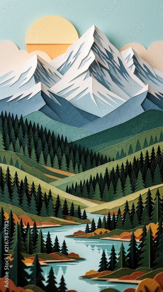 Naklejka premium Papercraft mountain landscape art. Layered paper cutout style shows snowy peaks, green pine forest, blue river valley. Bright sun rises behind mountains above calm water. Creative 3d paper art design