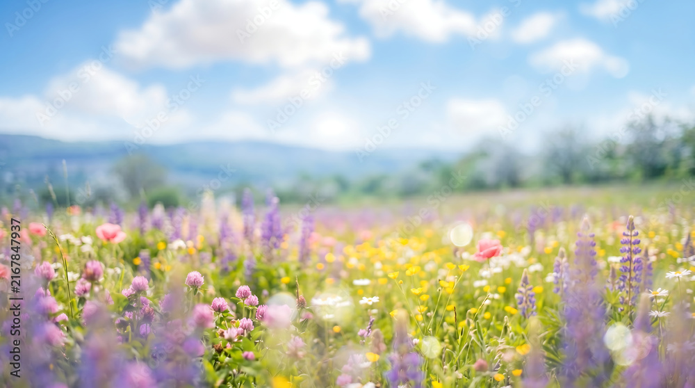 Obraz premium Vibrant Spring Meadow with Blooming Wildflowers and Blue Sky, Generative AI.