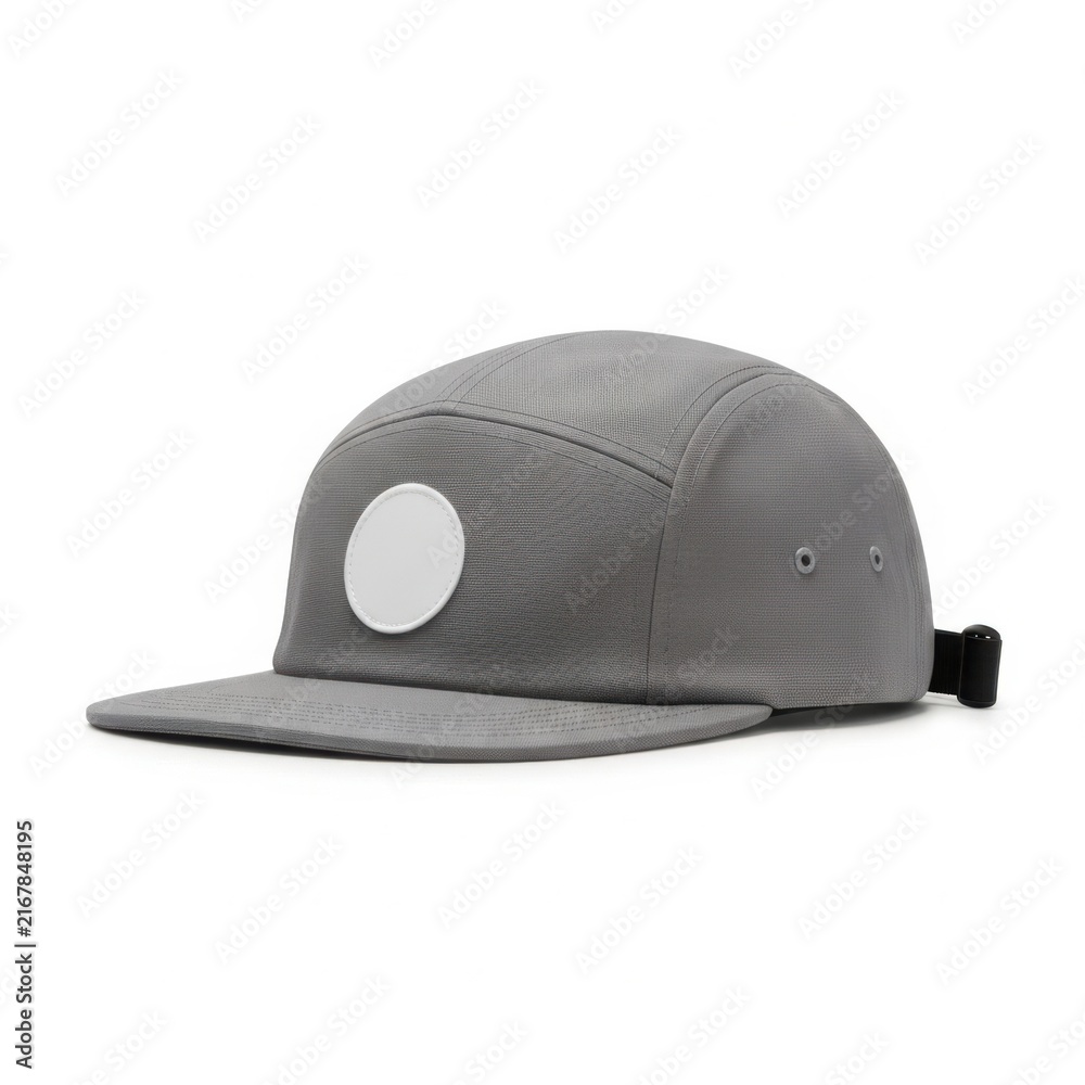Fototapeta premium A grey baseball cap with a white circle patch and adjustable velcro strap