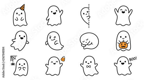 Cute kawaii ghost characters collection featuring diverse spooky Halloween poses and simple flat vector design elements