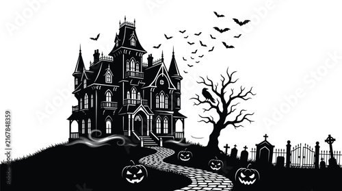 Spooky haunted mansion vector illustration featuring a dark silhouette with bats and glowing Halloween-carved pumpkins