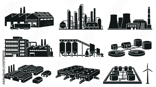 Industrial facility vector icon set showing manufacturing buildings, refineries, power plants and modern logistics warehouses