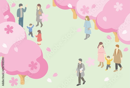 春　桜　お花見　人物　家族　子ども　風景　アイソメトリック　イラスト　バナー　フレーム　背景　素材