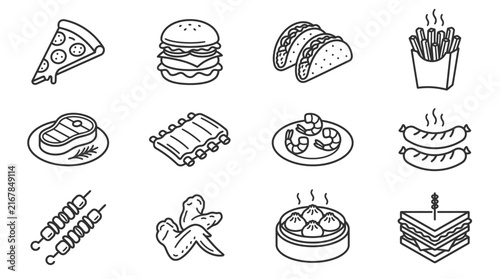 Diverse collection of minimalist black and white vector food icons featuring popular global restaurant menu items