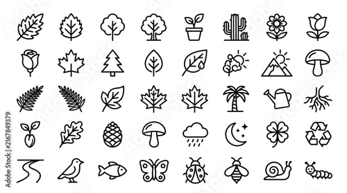 Nature-themed vector graphic collection featuring various plants, animals, and environmental icons in minimalist style