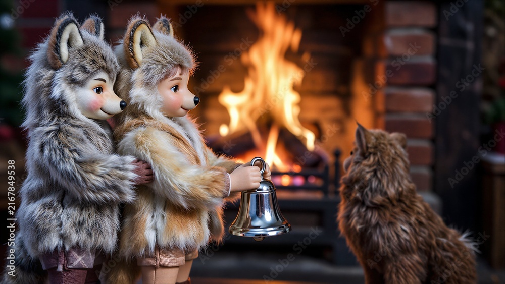 Naklejka premium Three fluffy fox figurines sitting near a cozy fireplace