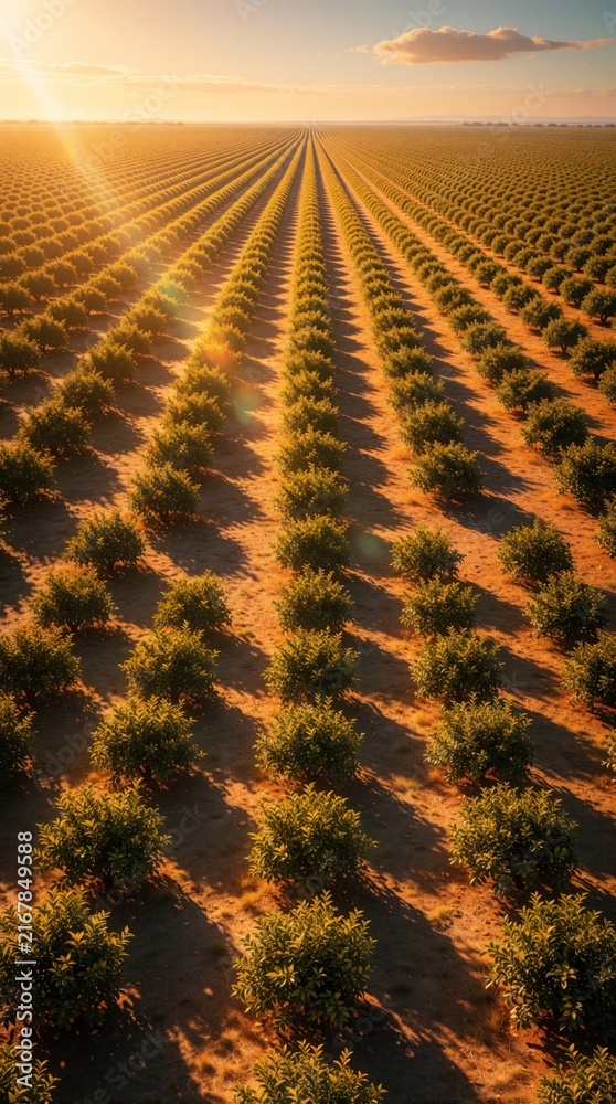 Fototapeta premium Rows of young trees stretch across a vast field during golden hour sunlight. Cultivated plantation creates a peaceful, scenic agricultural landscape under a warm sky.
